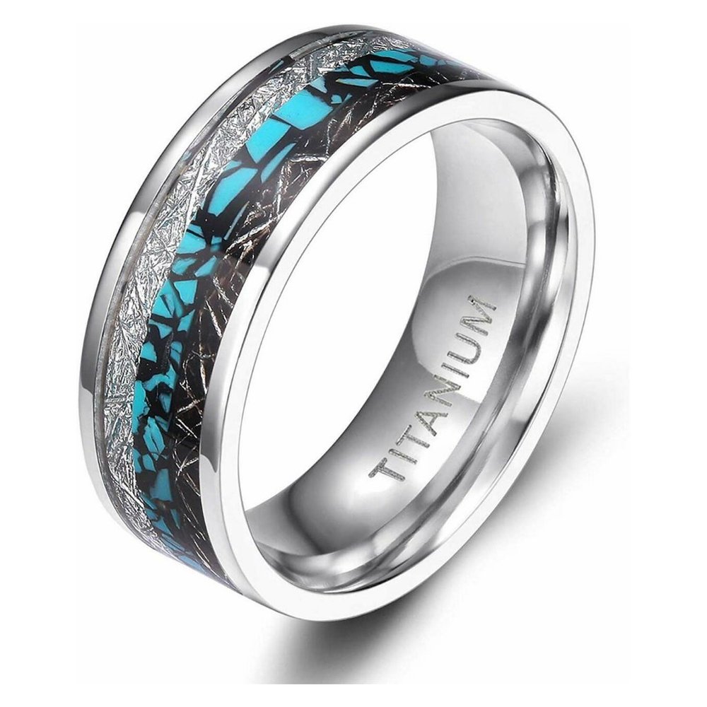 Men's Titanium Wedding Band 8mm. Colorful Ring w/ Turquoise Inspired Meteorite